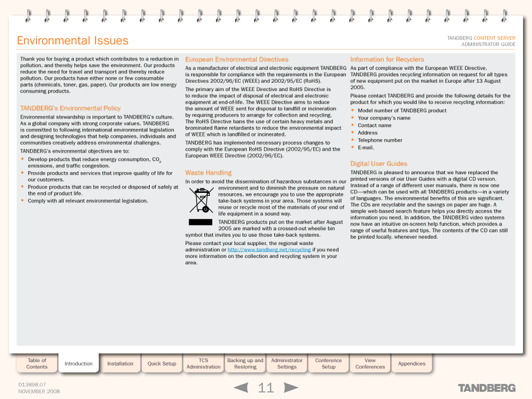 TANDBERG 1D13898.07 manual Environmental Issues, TANDBERG’s Environmental Policy 