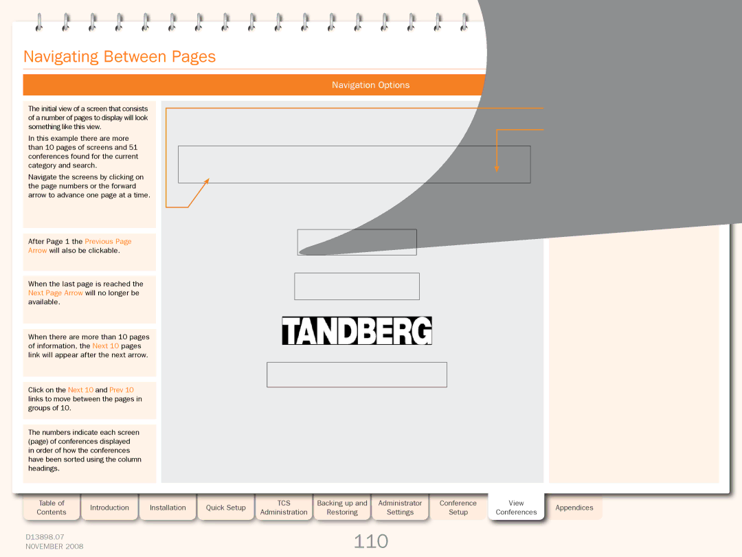 TANDBERG 1D13898.07 manual 110, Navigating Between Pages, Navigation Options 