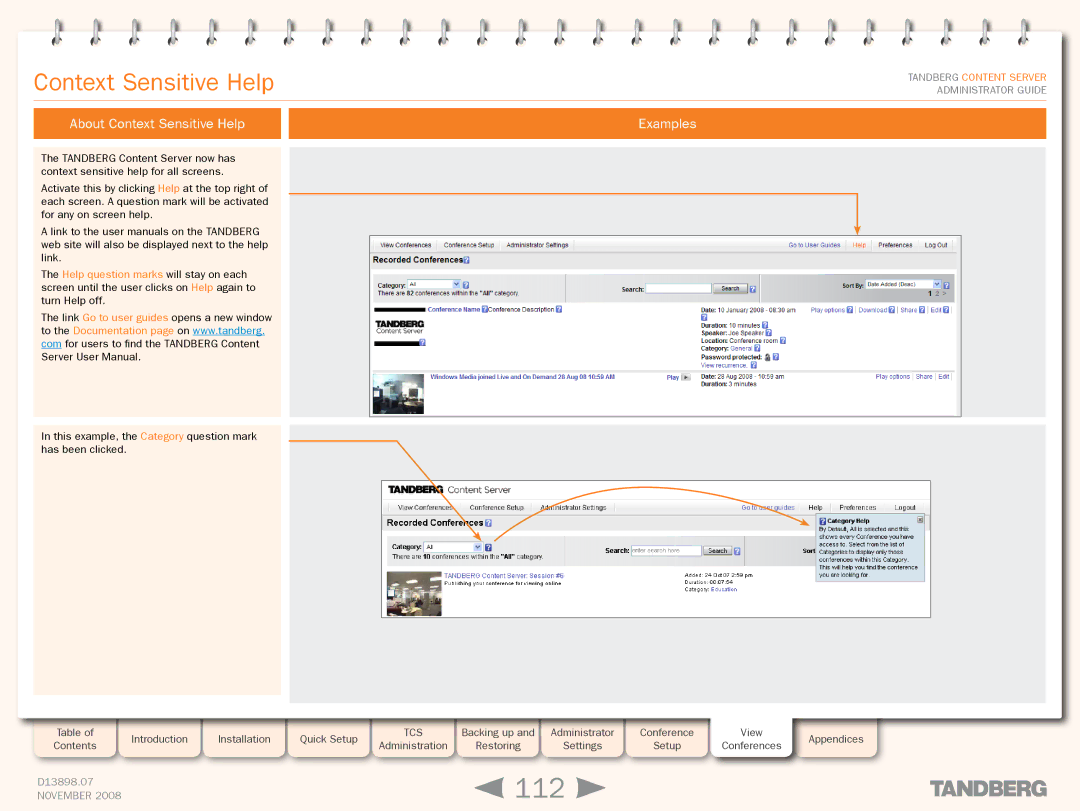 TANDBERG 1D13898.07 manual 112, About Context Sensitive Help, Examples 