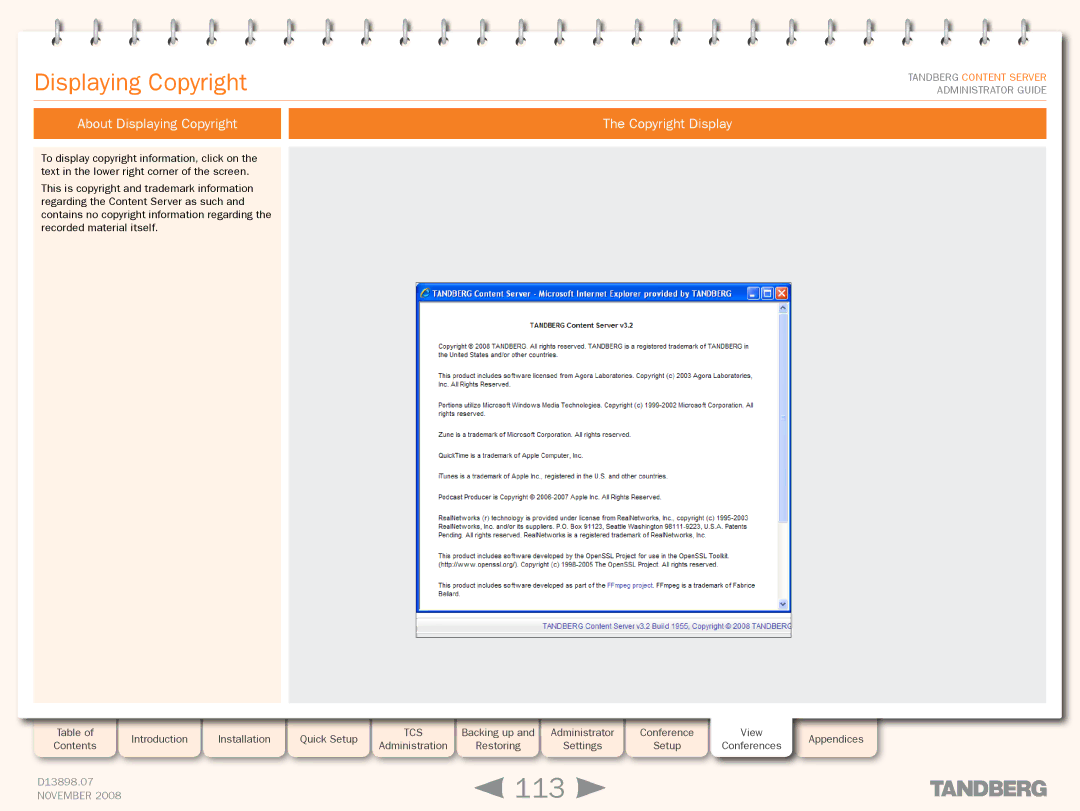 TANDBERG 1D13898.07 manual 113, About Displaying Copyright Copyright Display 