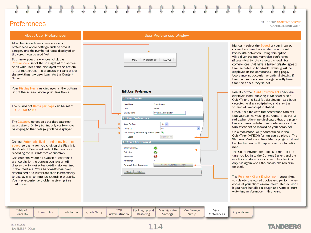 TANDBERG 1D13898.07 manual 114, About User Preferences, User Preferences Window 