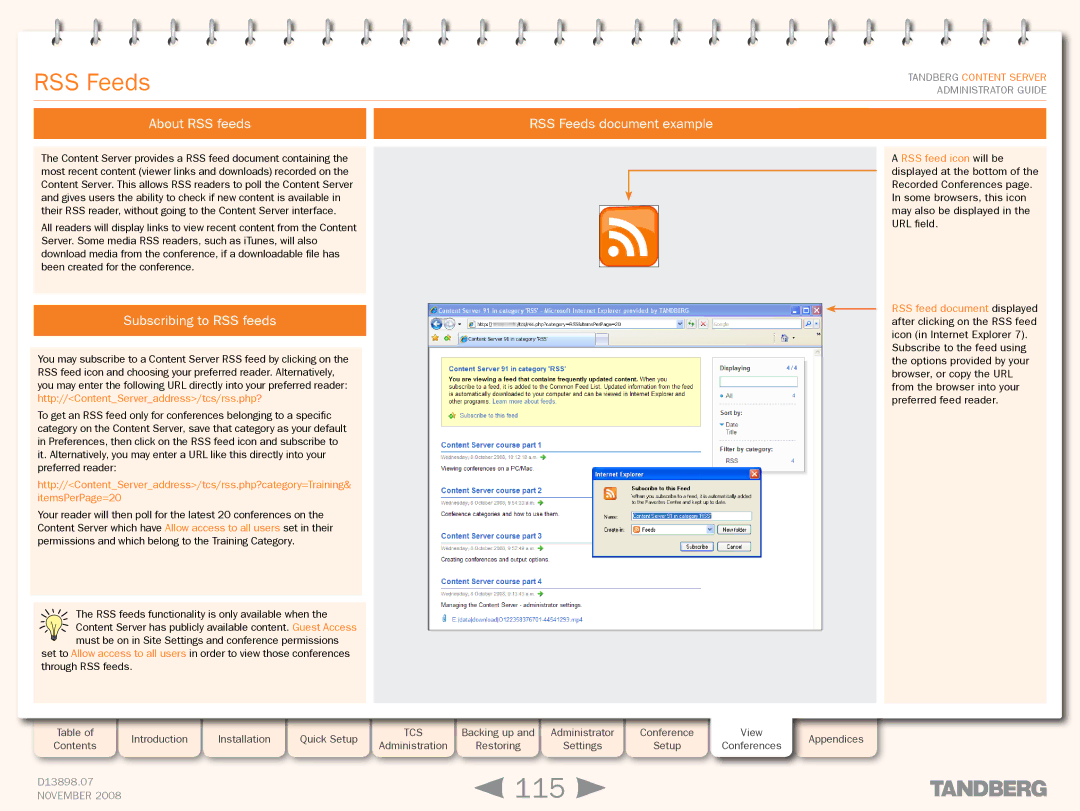 TANDBERG 1D13898.07 manual 115, RSS Feeds, About RSS feeds, Subscribing to RSS feeds 