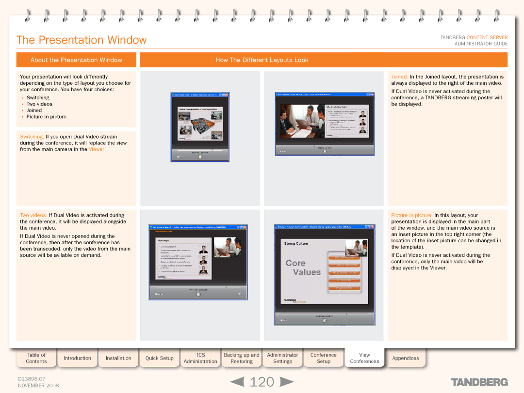 TANDBERG 1D13898.07 manual 120, About the Presentation Window, How The Different Layouts Look 