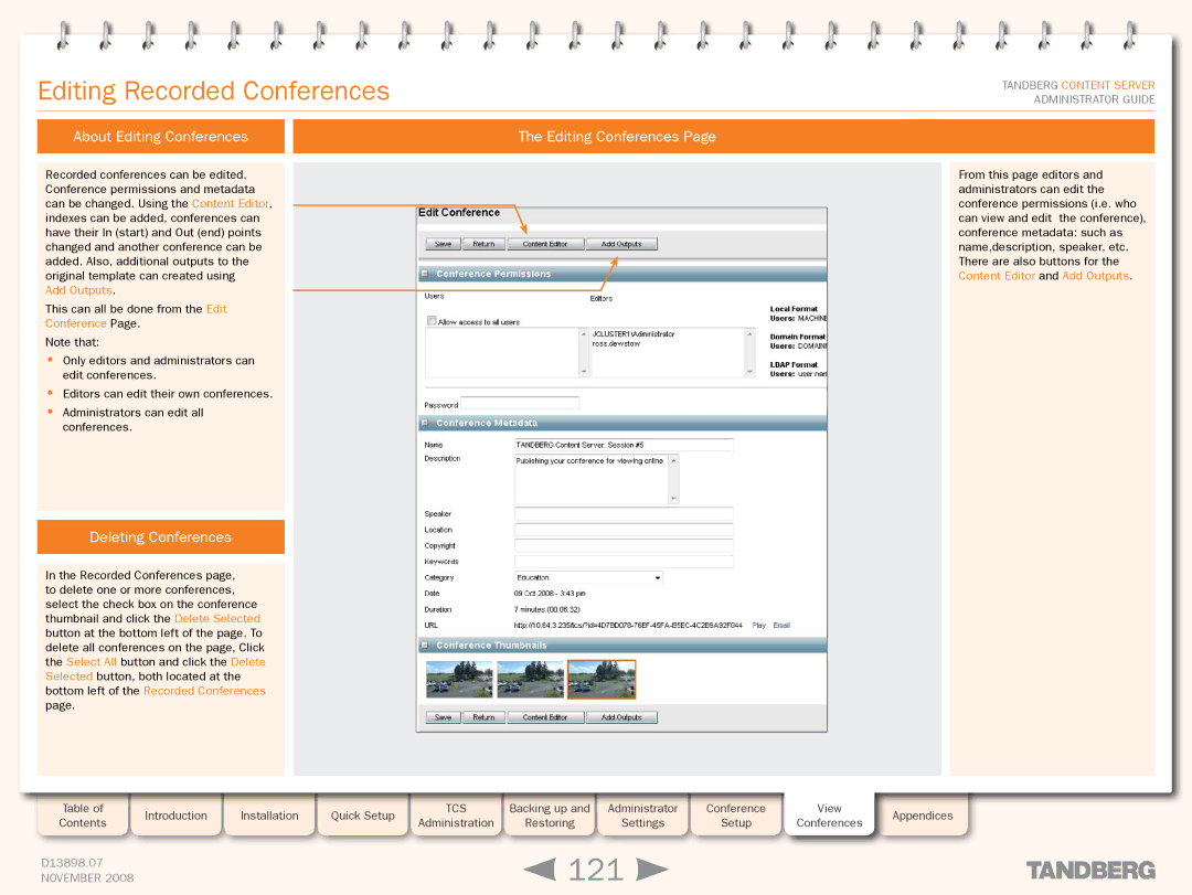 TANDBERG 1D13898.07 manual 121, Editing Recorded Conferences, About Editing Conferences, Deleting Conferences 