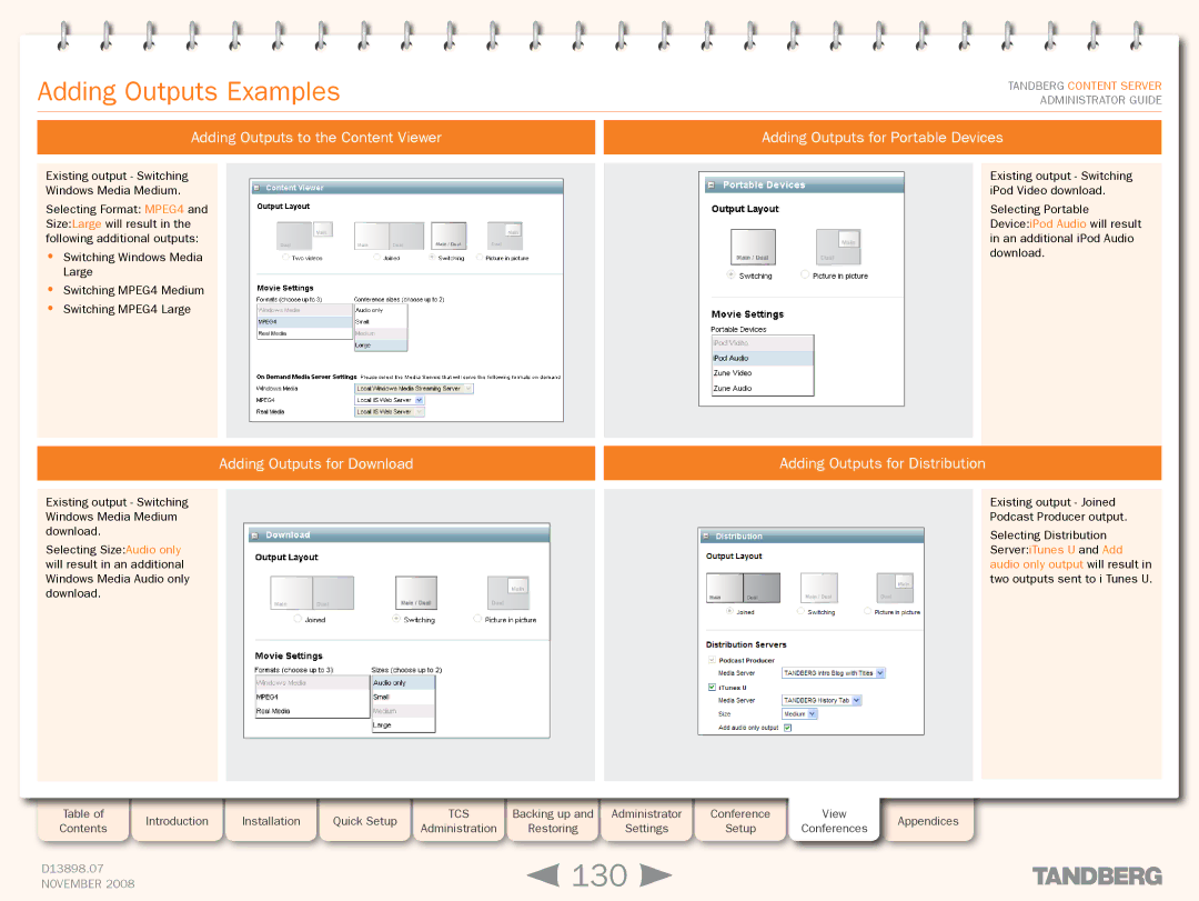 TANDBERG 1D13898.07 manual 130, Adding Outputs Examples, Adding Outputs for Download, Adding Outputs for Distribution 