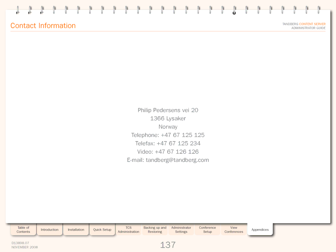 TANDBERG 1D13898.07 manual 137, Contact Information 