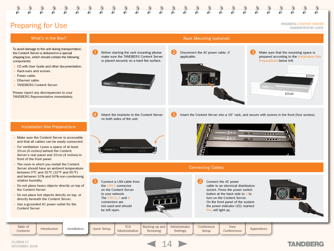 TANDBERG 1D13898.07 manual Preparing for Use, What’s in the Box?, Installation Site Preparations, Rack Mounting optional 