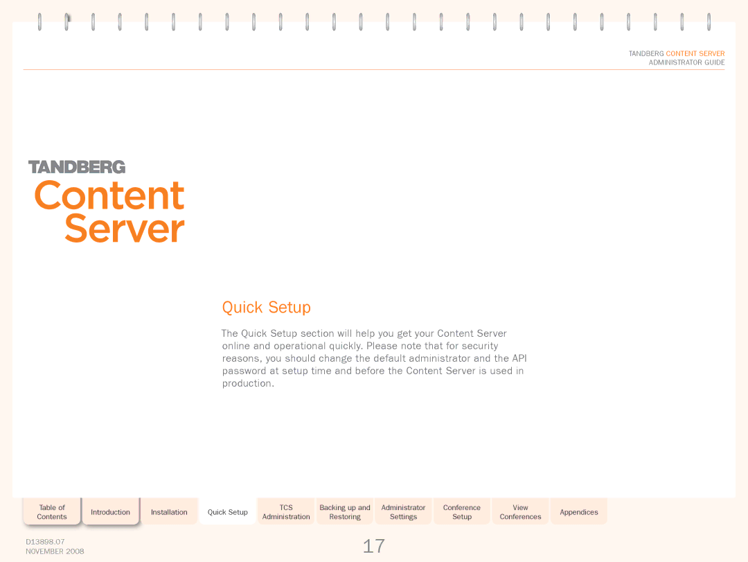 TANDBERG 1D13898.07 manual Quick Setup 