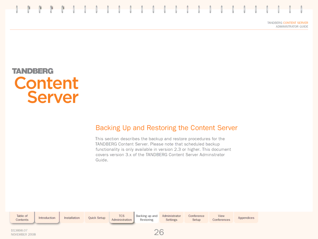 TANDBERG 1D13898.07 manual Backing Up and Restoring the Content Server 