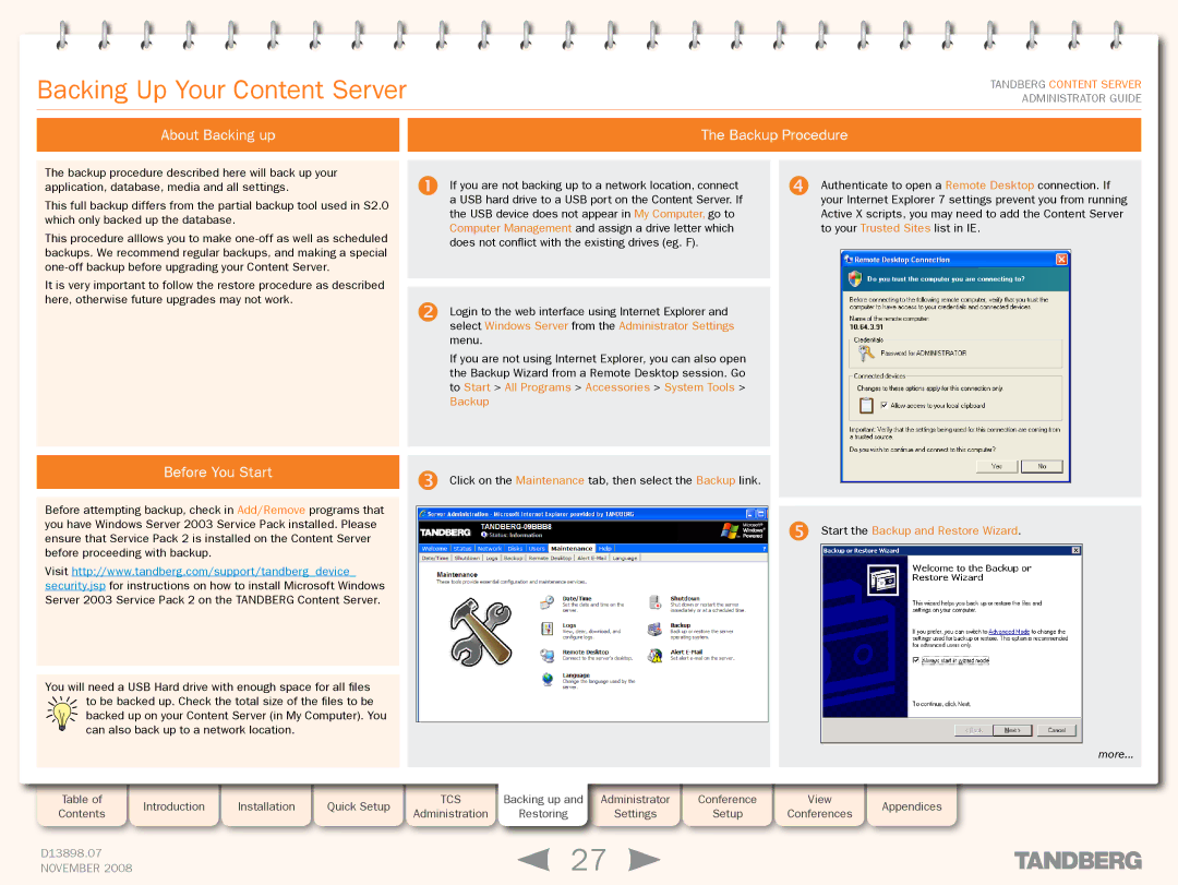 TANDBERG 1D13898.07 manual Backing Up Your Content Server, About Backing up Backup Procedure, Before You Start 