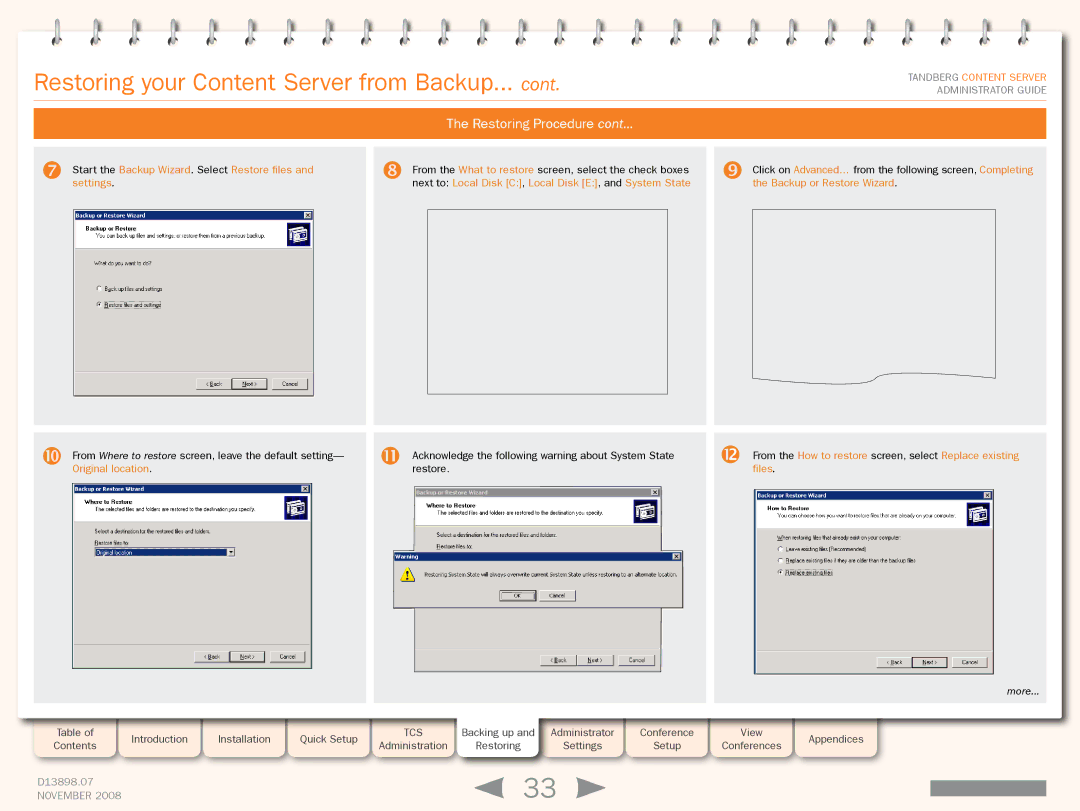 TANDBERG 1D13898.07 manual Restoring your Content Server from Backup 