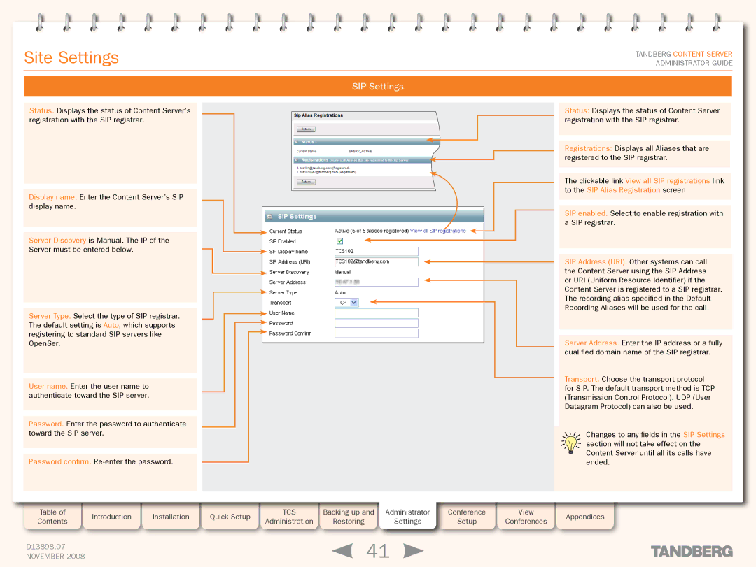 TANDBERG 1D13898.07 manual SIP Settings 