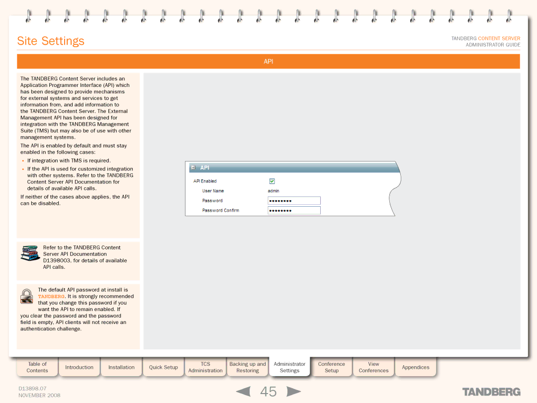 TANDBERG 1D13898.07 manual Api 