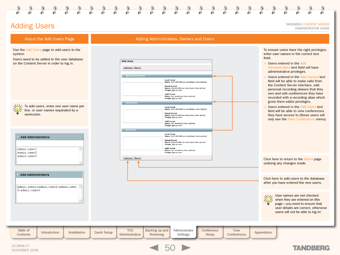 TANDBERG 1D13898.07 manual Adding Users, About the Add Users, Adding Administrators, Owners and Users 