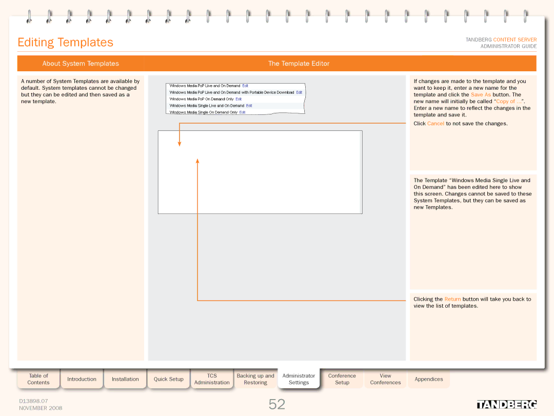 TANDBERG 1D13898.07 manual Editing Templates, About System Templates, Template Editor 