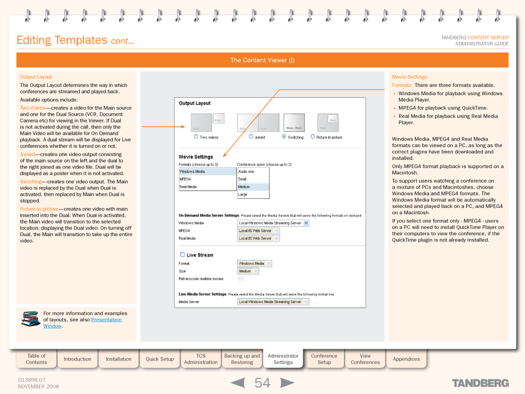 TANDBERG 1D13898.07 manual Content Viewer, Output Layout, Movie Settings 