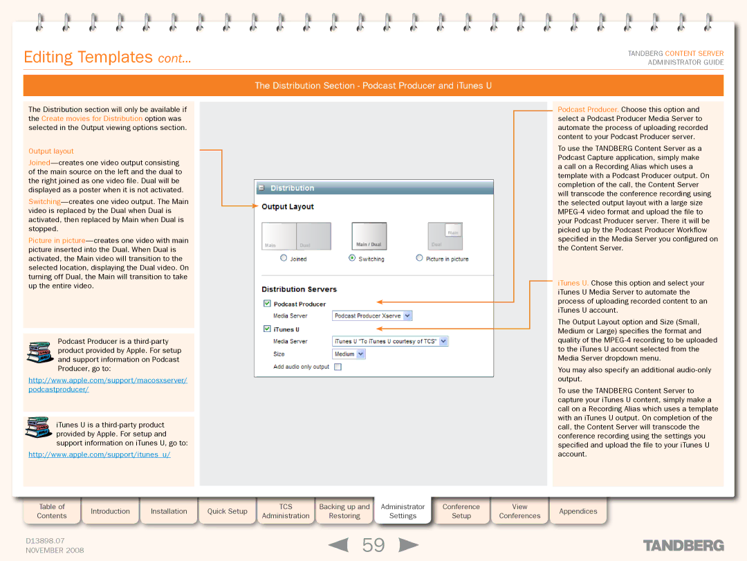 TANDBERG 1D13898.07 manual Distribution Section Podcast Producer and iTunes U, Podcastproducer 