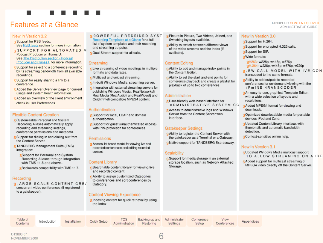 TANDBERG 1D13898.07 manual Features at a Glance, New in Version 