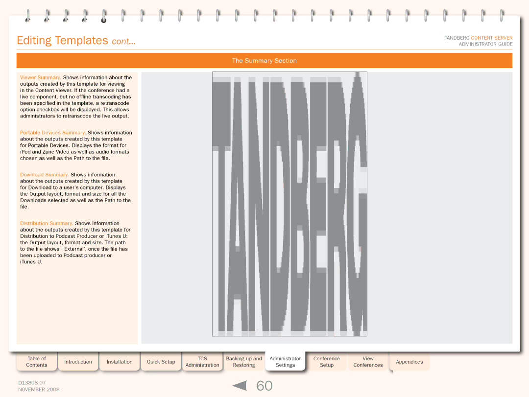 TANDBERG 1D13898.07 manual Summary Section 