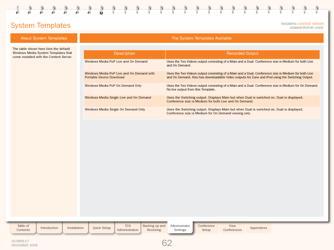 TANDBERG 1D13898.07 manual System Templates Available, Description Recorded Output 