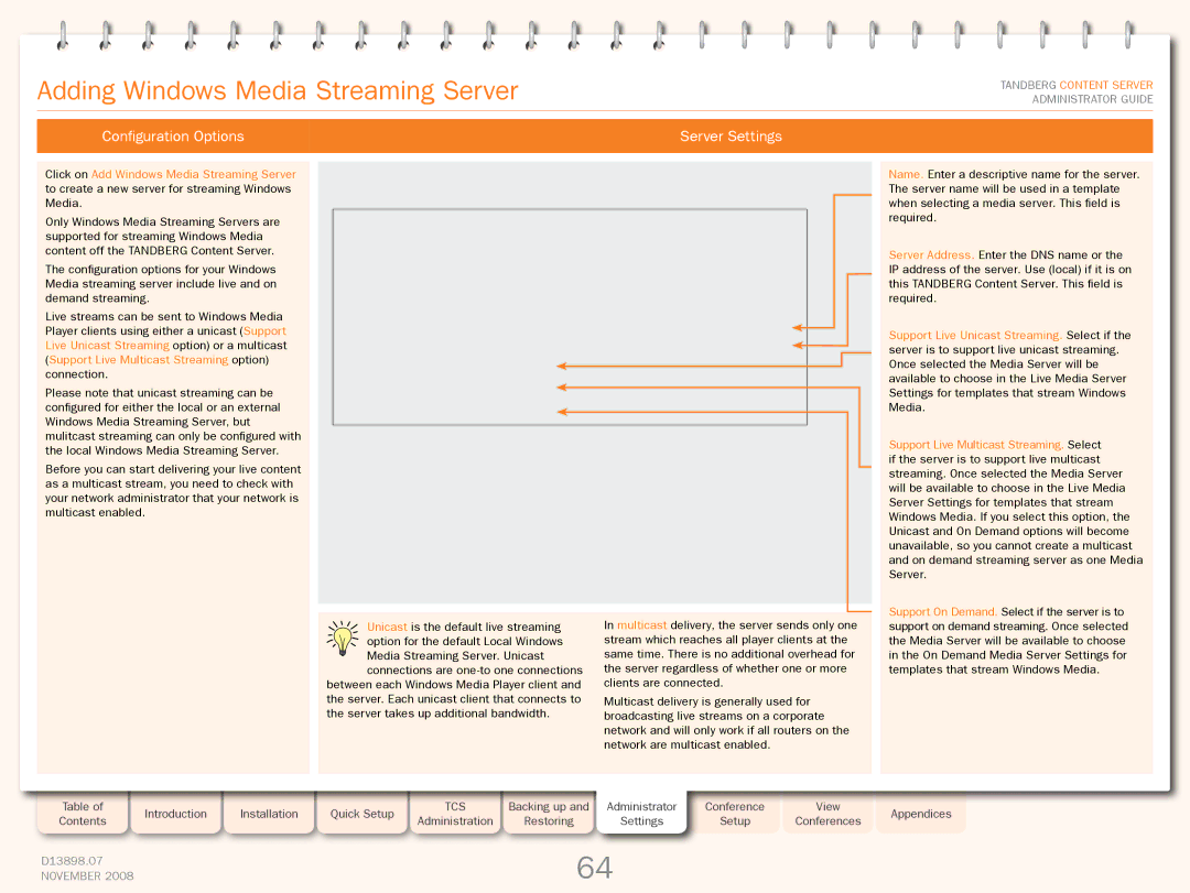 TANDBERG 1D13898.07 manual Adding Windows Media Streaming Server, Configuration Options Server Settings 