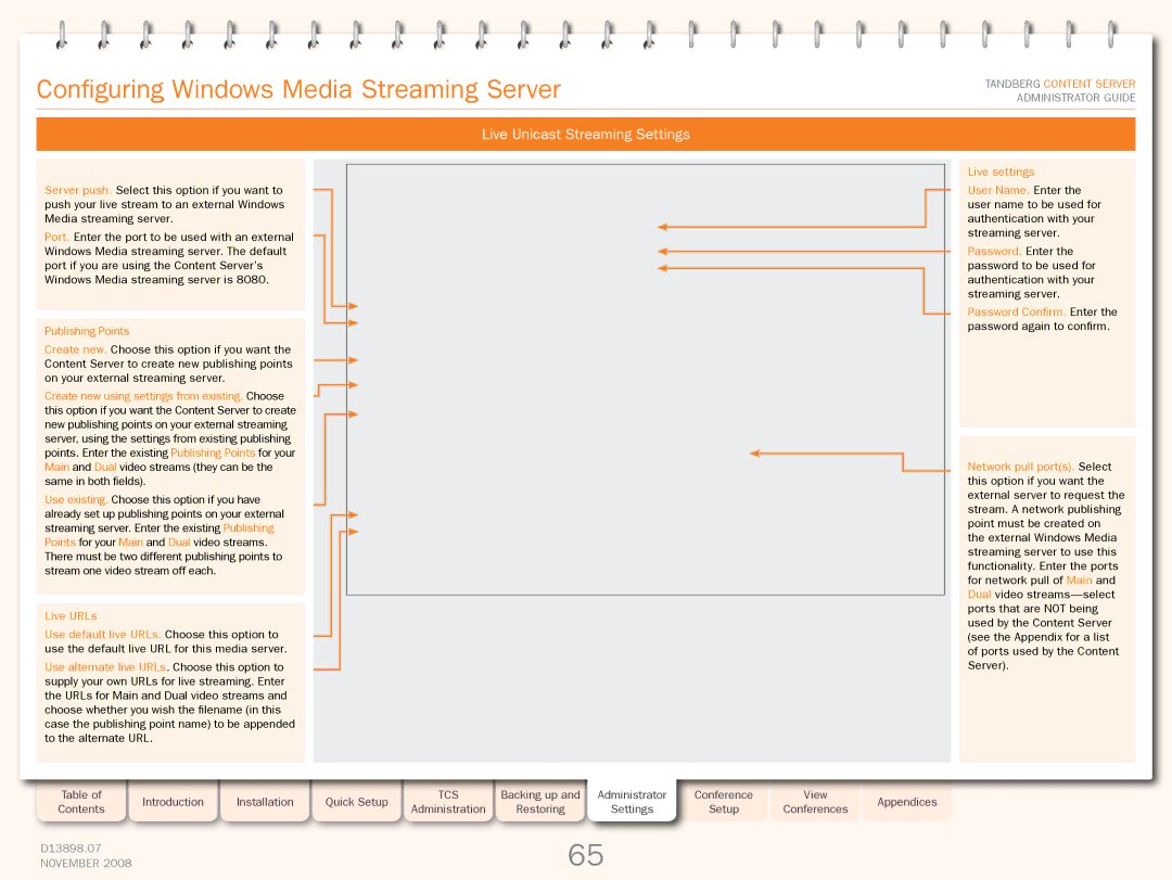 TANDBERG 1D13898.07 manual Configuring Windows Media Streaming Server, Live Unicast Streaming Settings, Publishing Points 