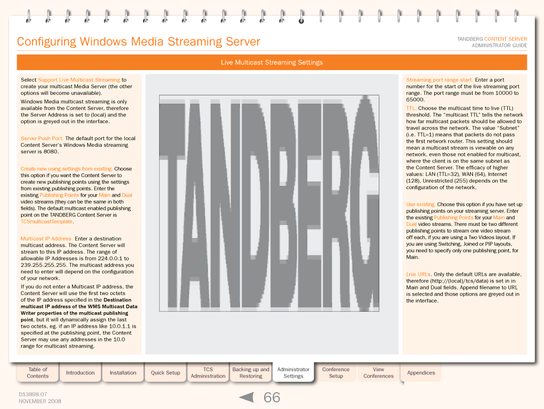 TANDBERG 1D13898.07 manual Live Multicast Streaming Settings 