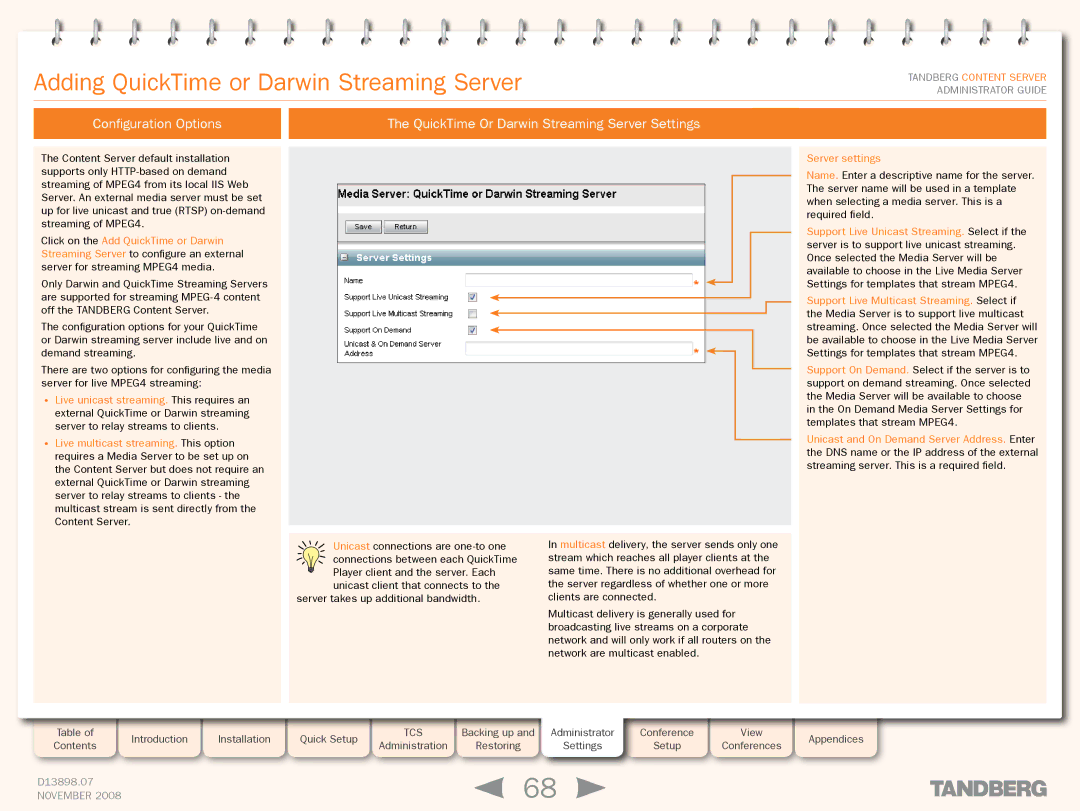 TANDBERG 1D13898.07 manual Adding QuickTime or Darwin Streaming Server, Server settings 