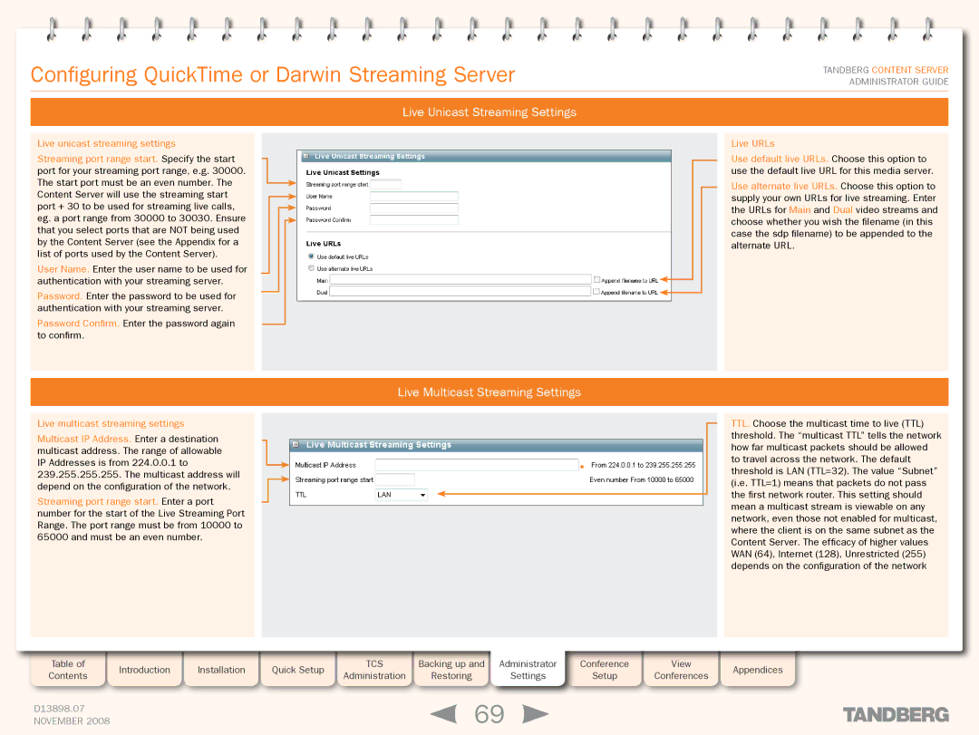 TANDBERG 1D13898.07 manual Configuring QuickTime or Darwin Streaming Server, Live Unicast Streaming Settings 