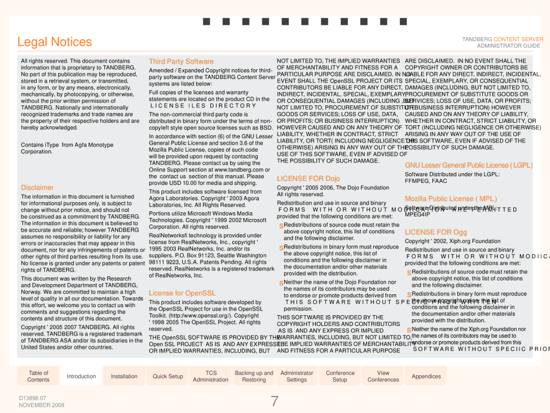 TANDBERG 1D13898.07 manual Legal Notices, Disclaimer 