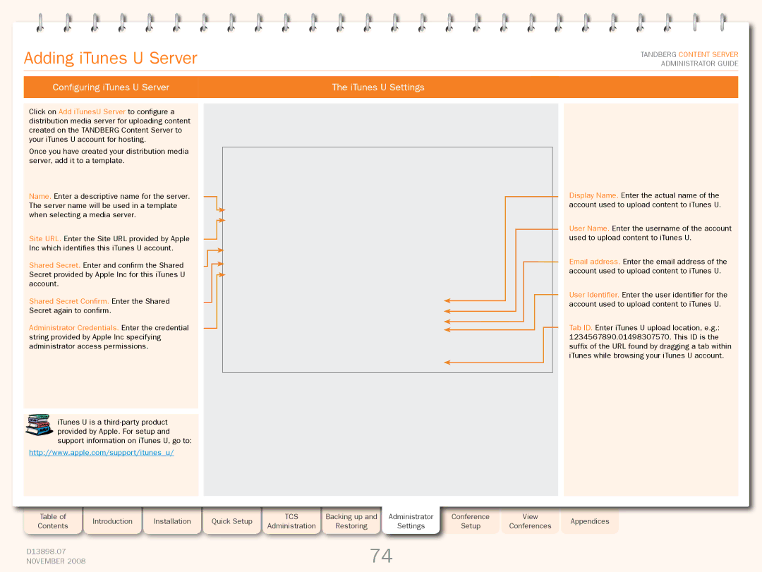 TANDBERG 1D13898.07 manual Adding iTunes U Server, Configuring iTunes U Server ITunes U Settings 