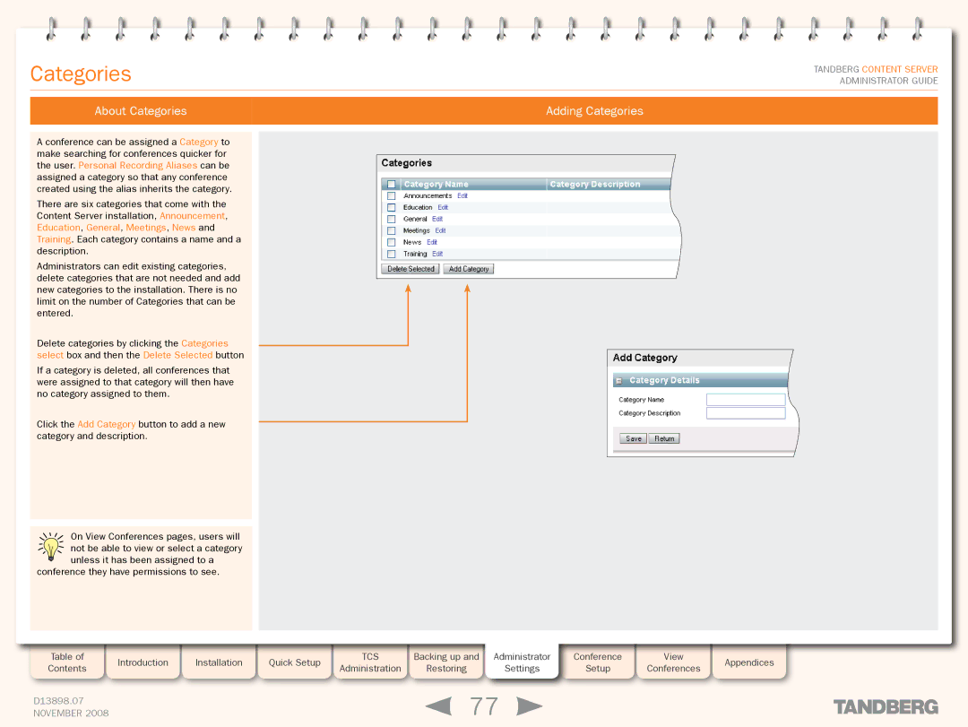 TANDBERG 1D13898.07 manual About Categories Adding Categories 