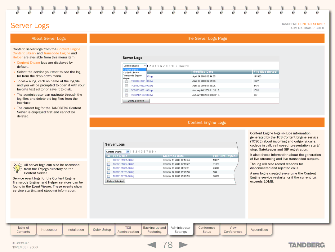 TANDBERG 1D13898.07 manual About Server Logs, Content Engine Logs 