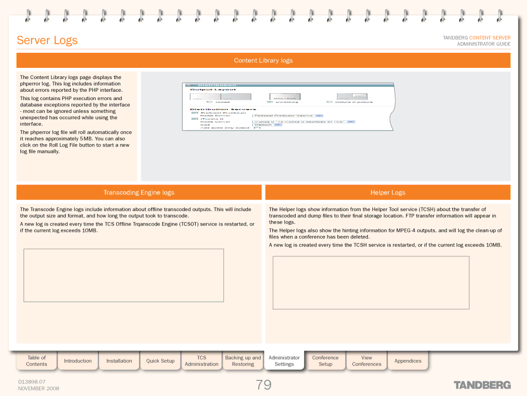 TANDBERG 1D13898.07 manual Content Library logs, Transcoding Engine logs Helper Logs 