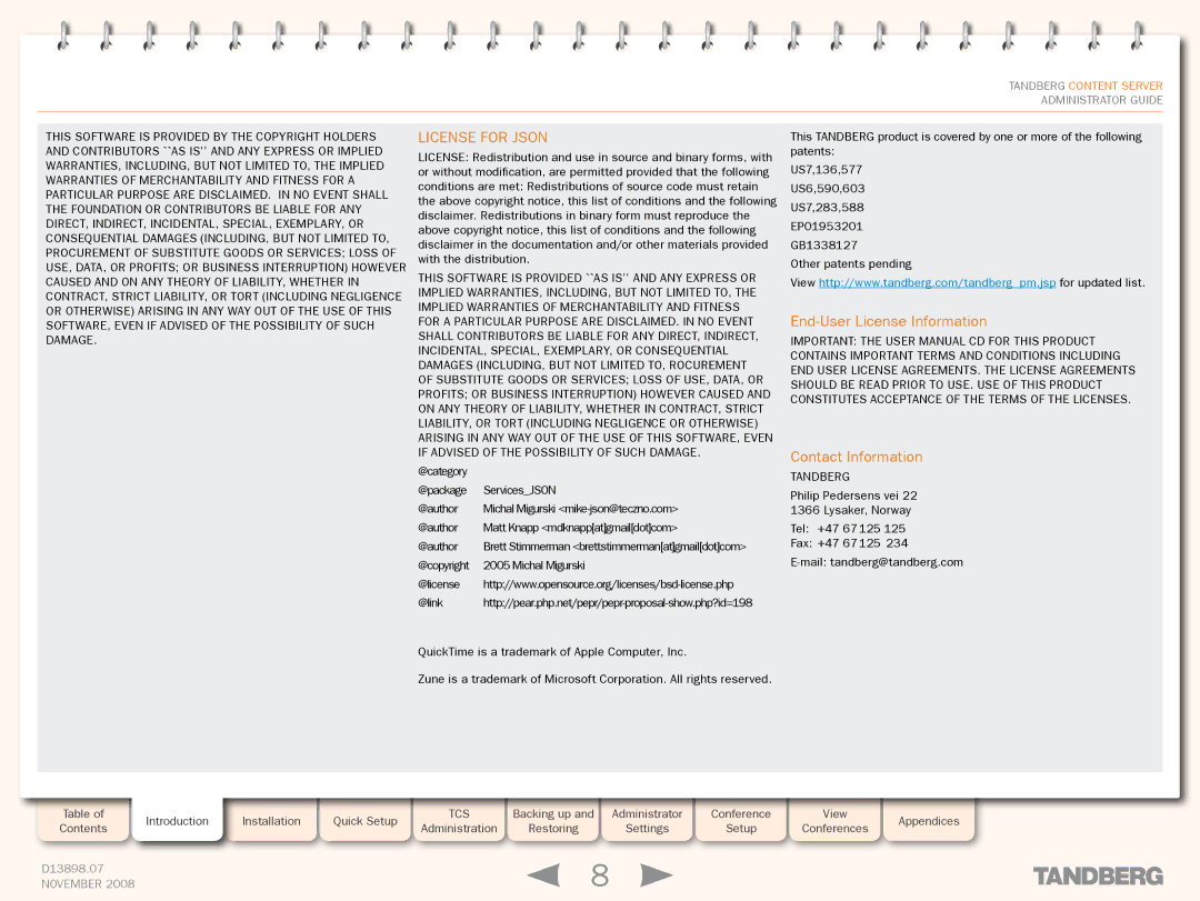 TANDBERG 1D13898.07 manual License for Json 