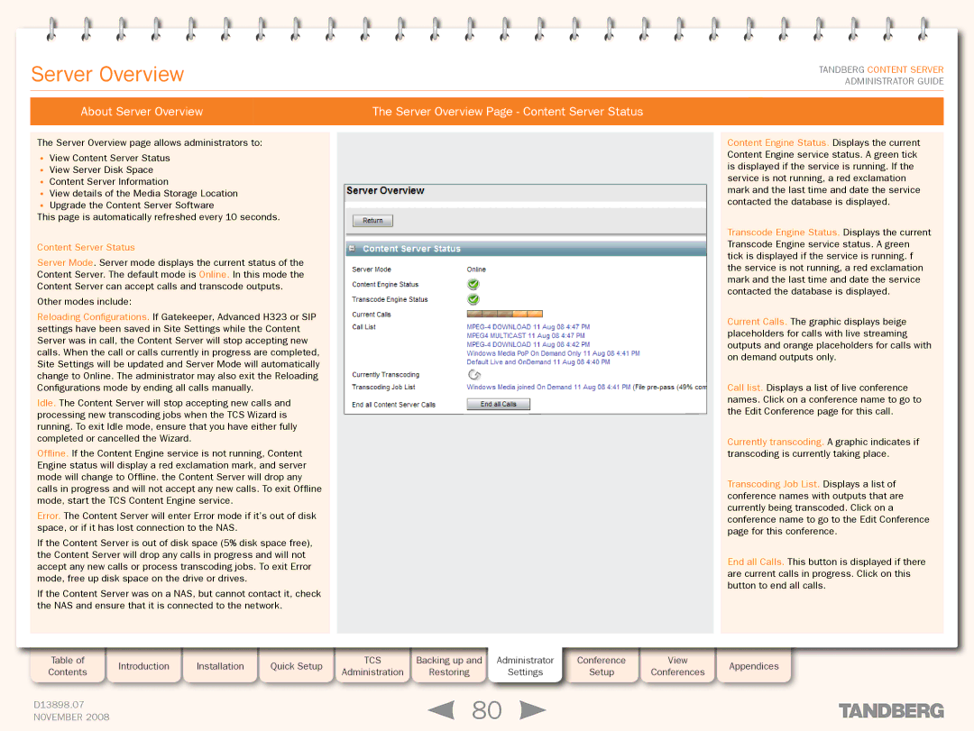 TANDBERG 1D13898.07 manual Server Overview, Content Server Status 