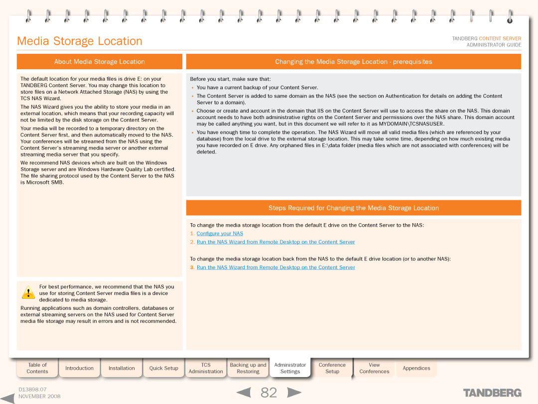 TANDBERG 1D13898.07 manual About Media Storage Location, Changing the Media Storage Location prerequisites 