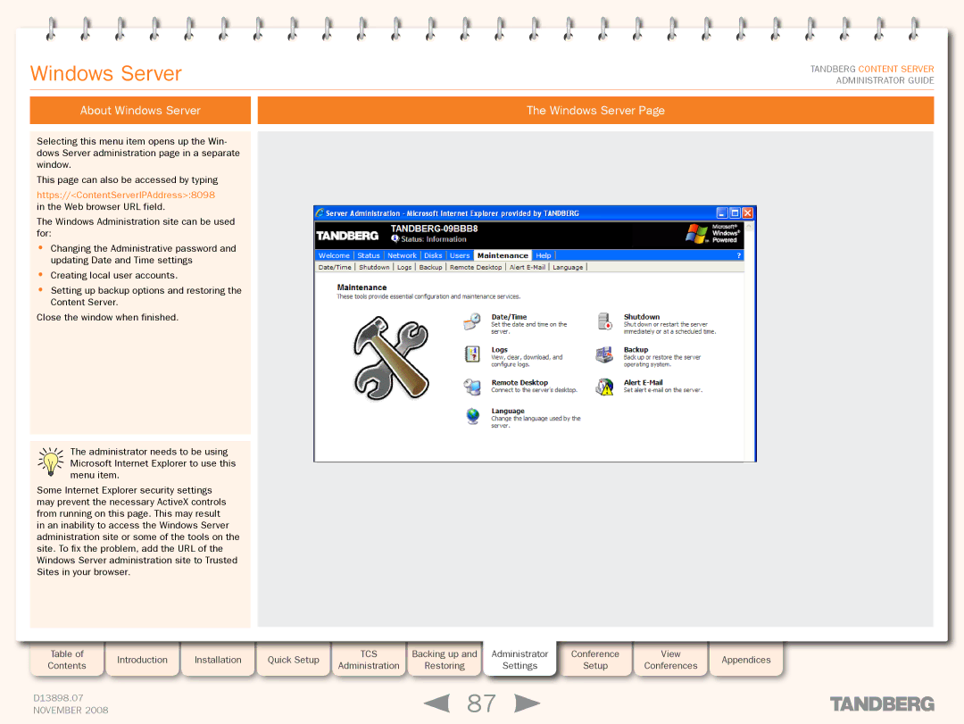 TANDBERG 1D13898.07 manual About Windows Server 