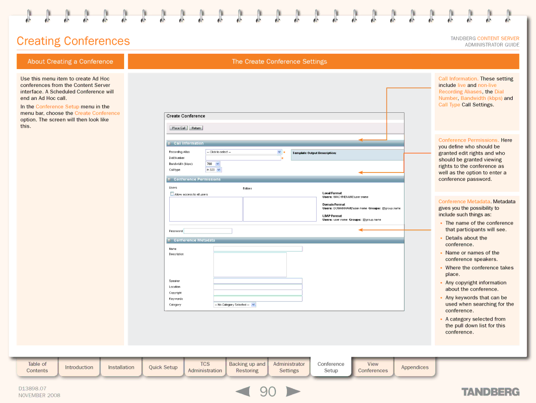 TANDBERG 1D13898.07 manual Creating Conferences, About Creating a Conference Create Conference Settings 