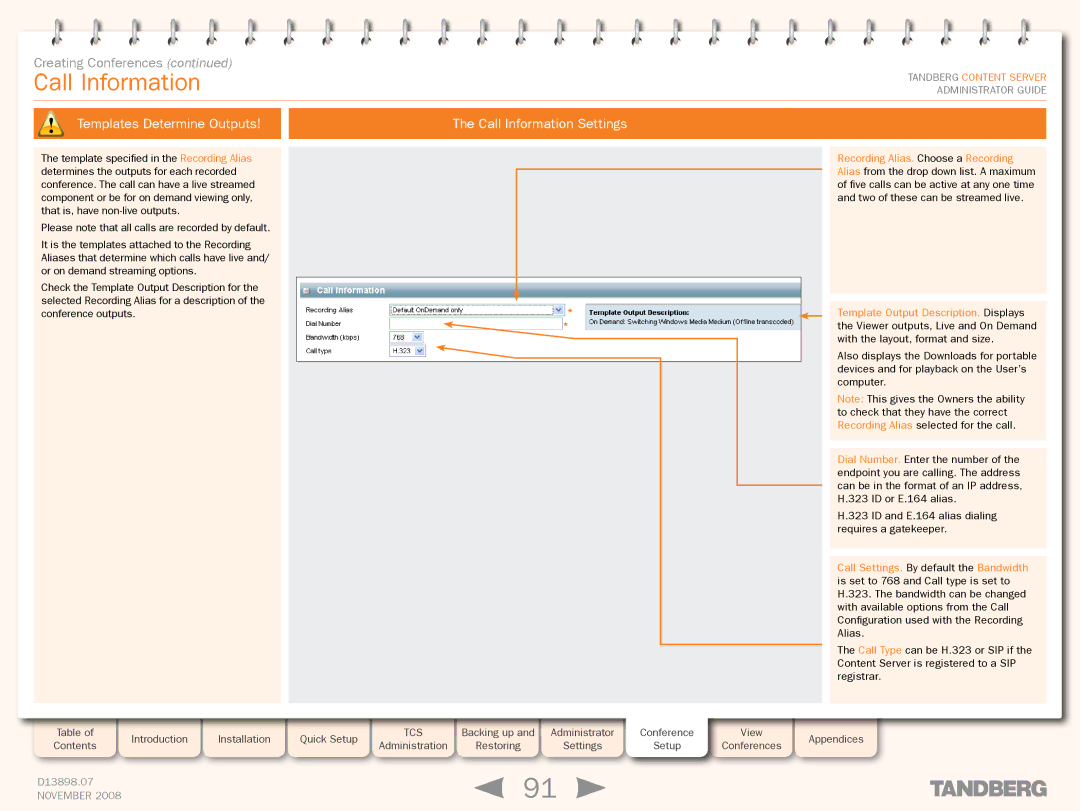 TANDBERG 1D13898.07 manual Templates Determine Outputs Call Information Settings 