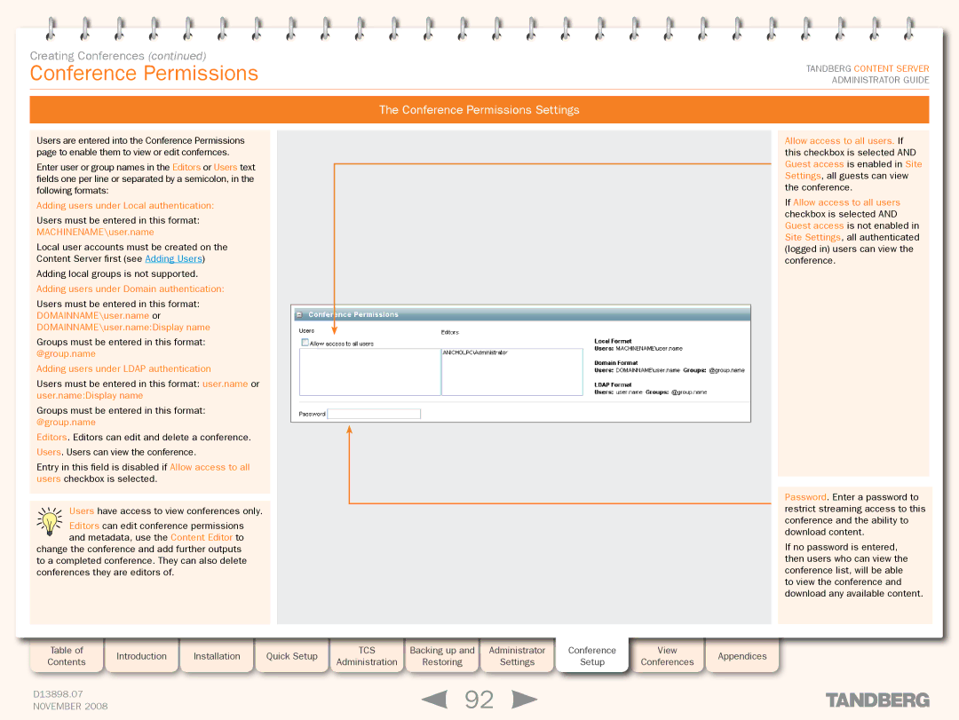 TANDBERG 1D13898.07 manual Conference Permissions Settings, Adding users under Local authentication 