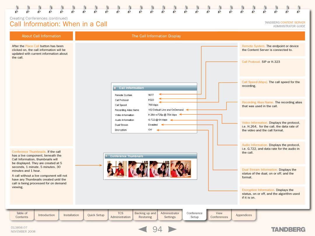 TANDBERG 1D13898.07 manual Call Information When in a Call, About Call Information Call Information Display 