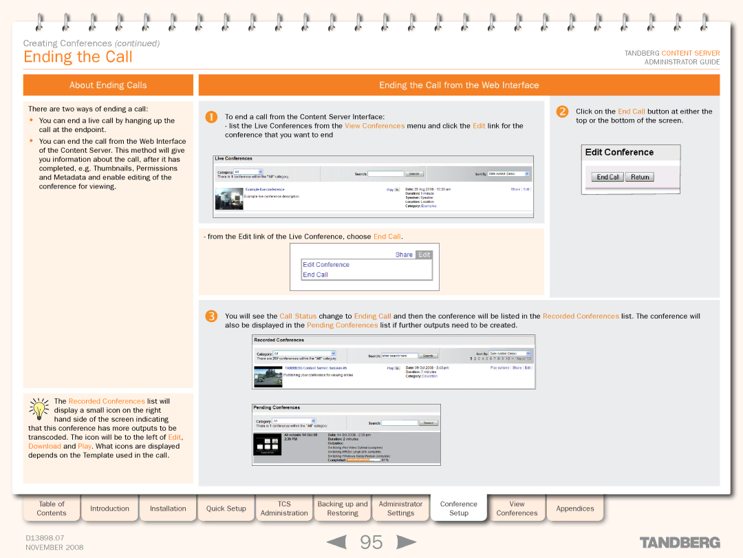 TANDBERG 1D13898.07 manual About Ending Calls Ending the Call from the Web Interface, Recorded Conferences list will 