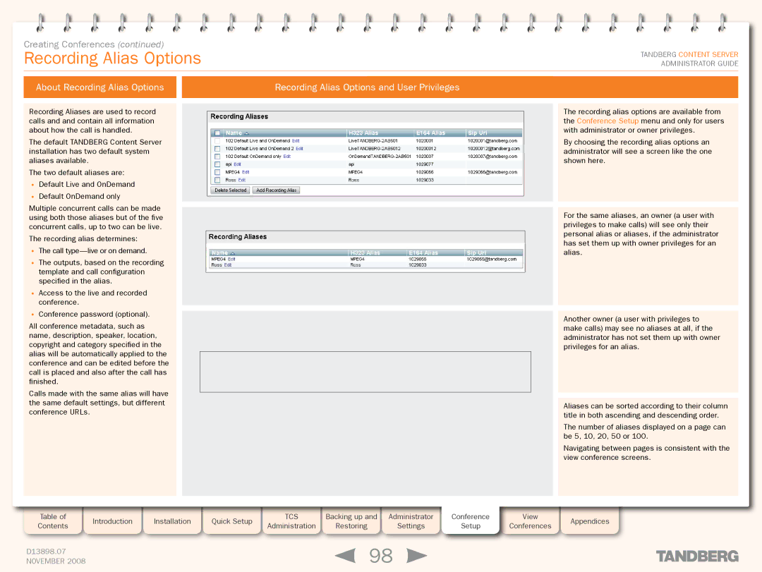 TANDBERG 1D13898.07 manual Recording Alias Options 