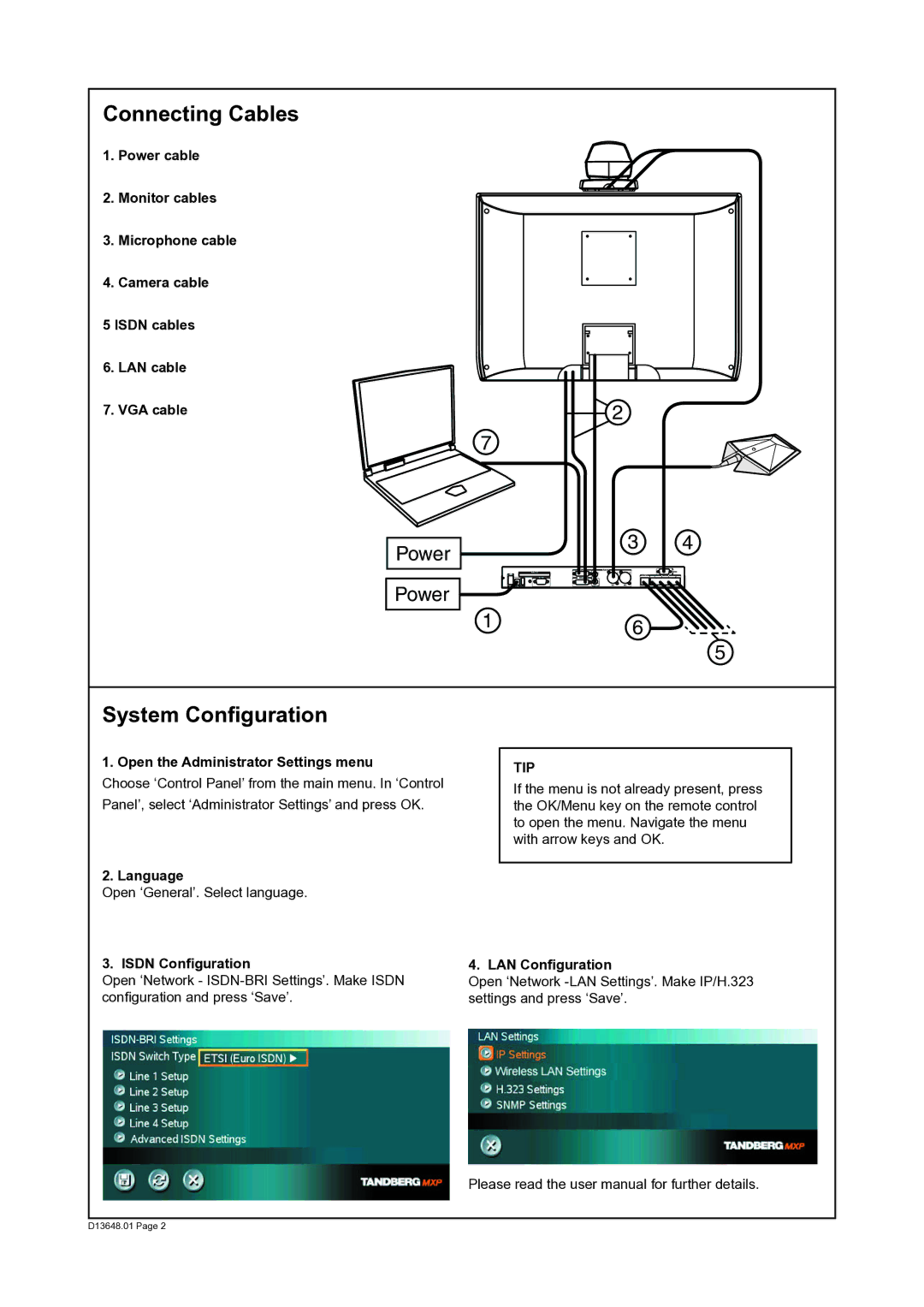 TANDBERG 2000MXP manual Connecting Cables, System Configuration, Tip 