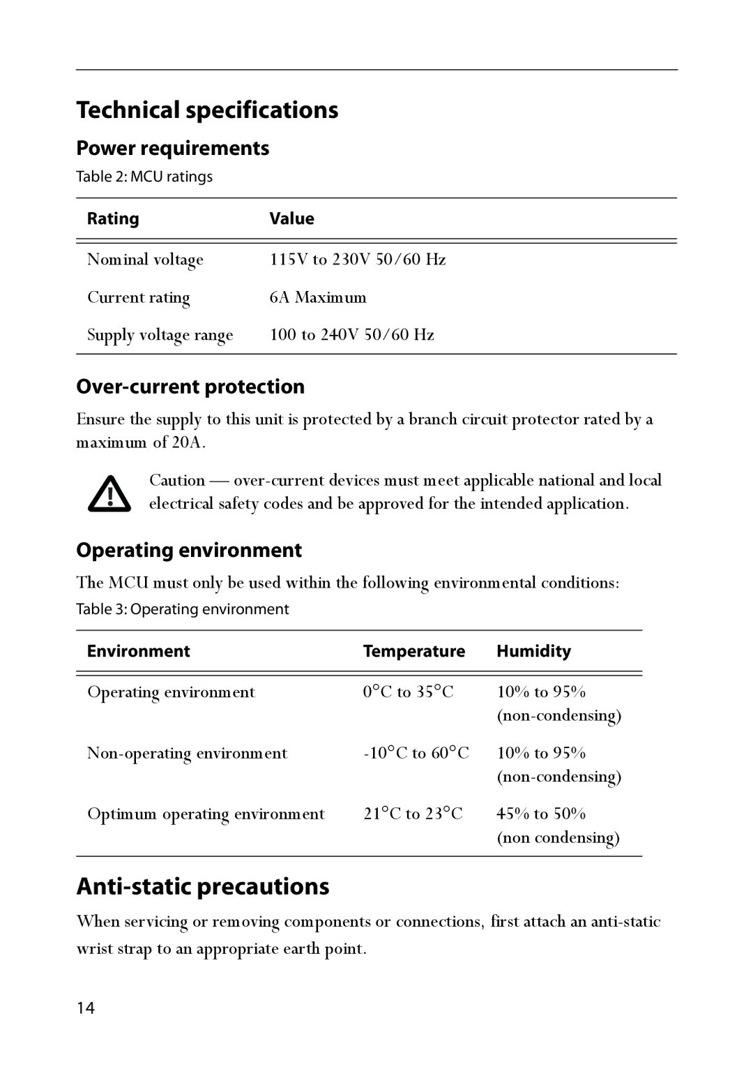 TANDBERG 4500 Series manual Technical specifications, Anti-static precautions, Power requirements, Over-current protection 