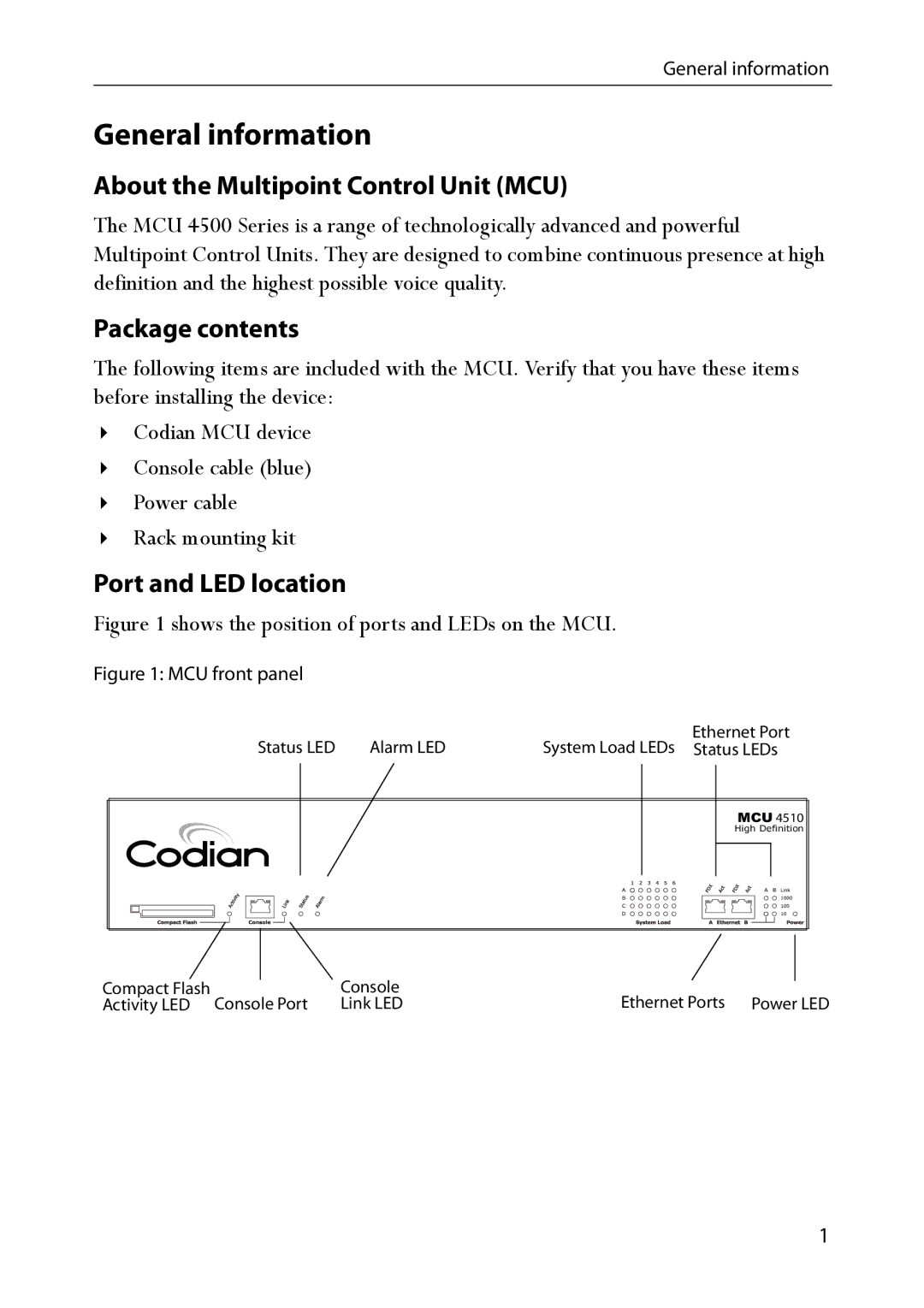 TANDBERG 4500 Series General information, About the Multipoint Control Unit MCU, Package contents, Port and LED location 