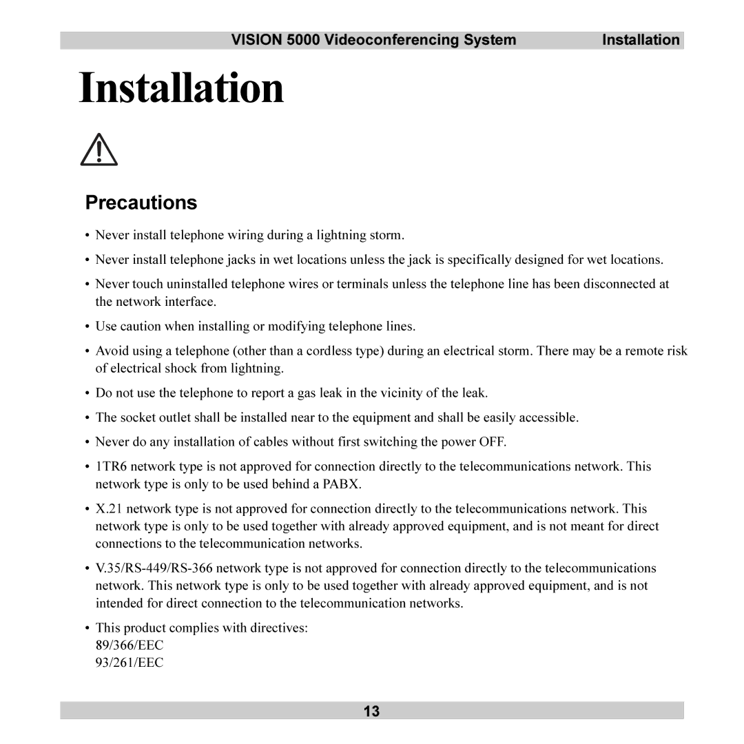 TANDBERG user manual Precautions, Vision 5000 Videoconferencing System Installation 