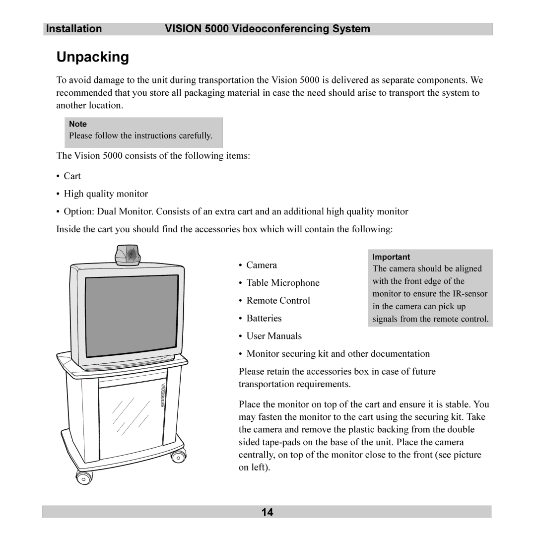 TANDBERG Unpacking, Installation Vision 5000 Videoconferencing System, Camera Table Microphone Remote Control Batteries 