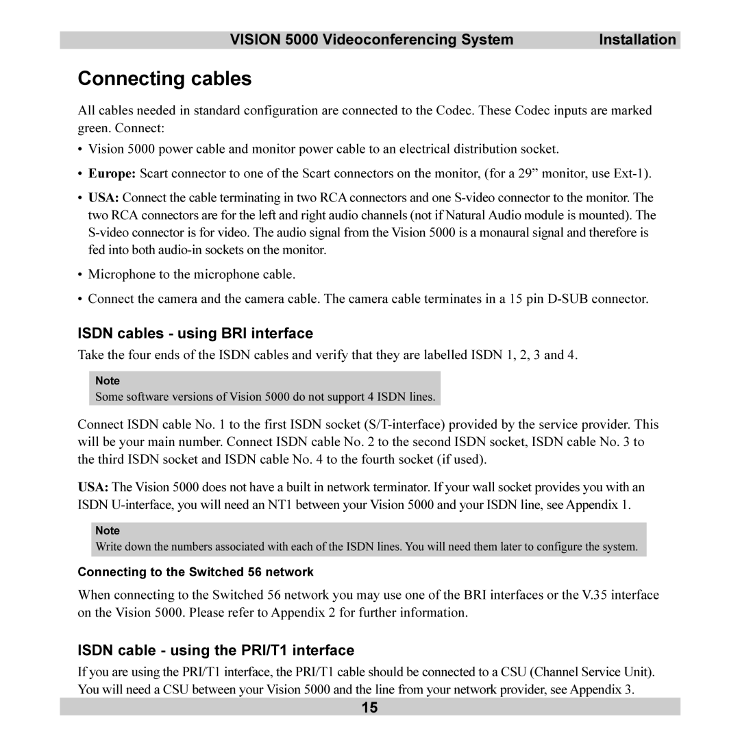 TANDBERG 5000 user manual Connecting cables, Isdn cables using BRI interface, Isdn cable using the PRI/T1 interface 